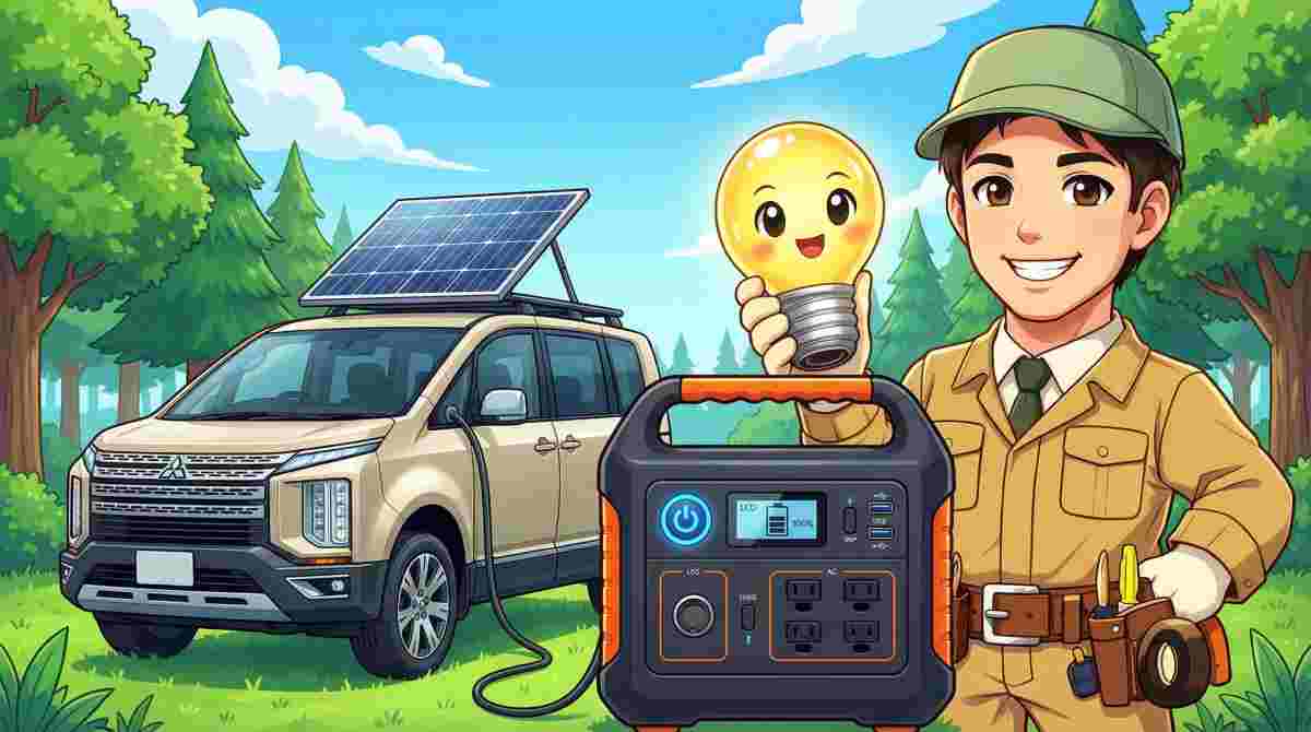 デリカD5にソーラーパネルとポータブル電源を接続して走行充電するジンデンのイラスト