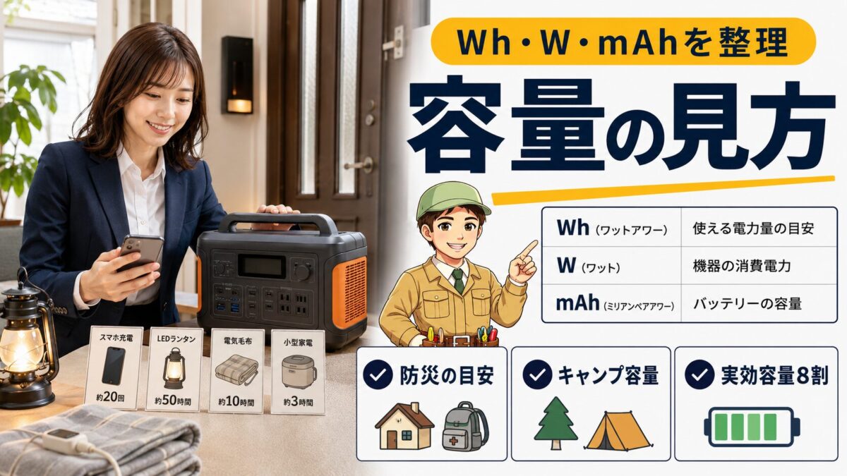 ポータブル電源の容量の見方とWh・W・mAhの違いを説明するアイキャッチ画像