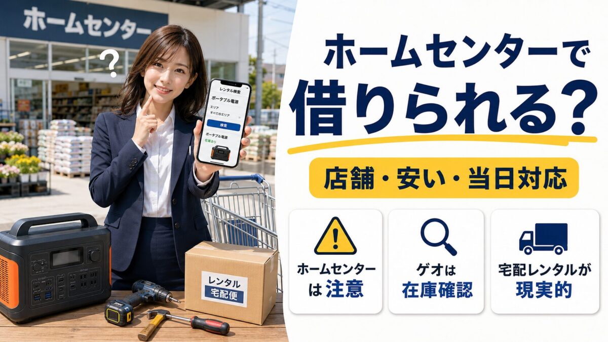 ホームセンターでポータブル電源をレンタルできるか迷う女性と宅配レンタルの選択肢を示した画像