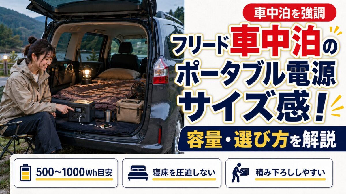 フリード車中泊に合うポータブル電源のサイズ感を示すアイキャッチ画像