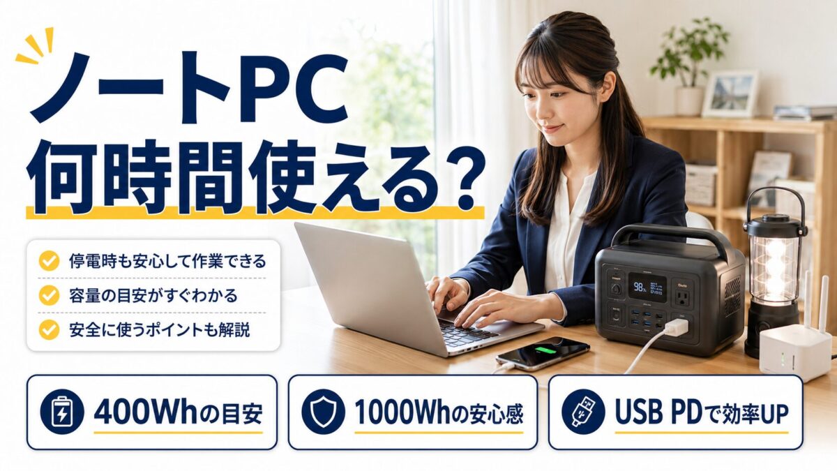ポータブル電源でノートパソコンが何時間使えるかを容量別に示すアイキャッチ画像