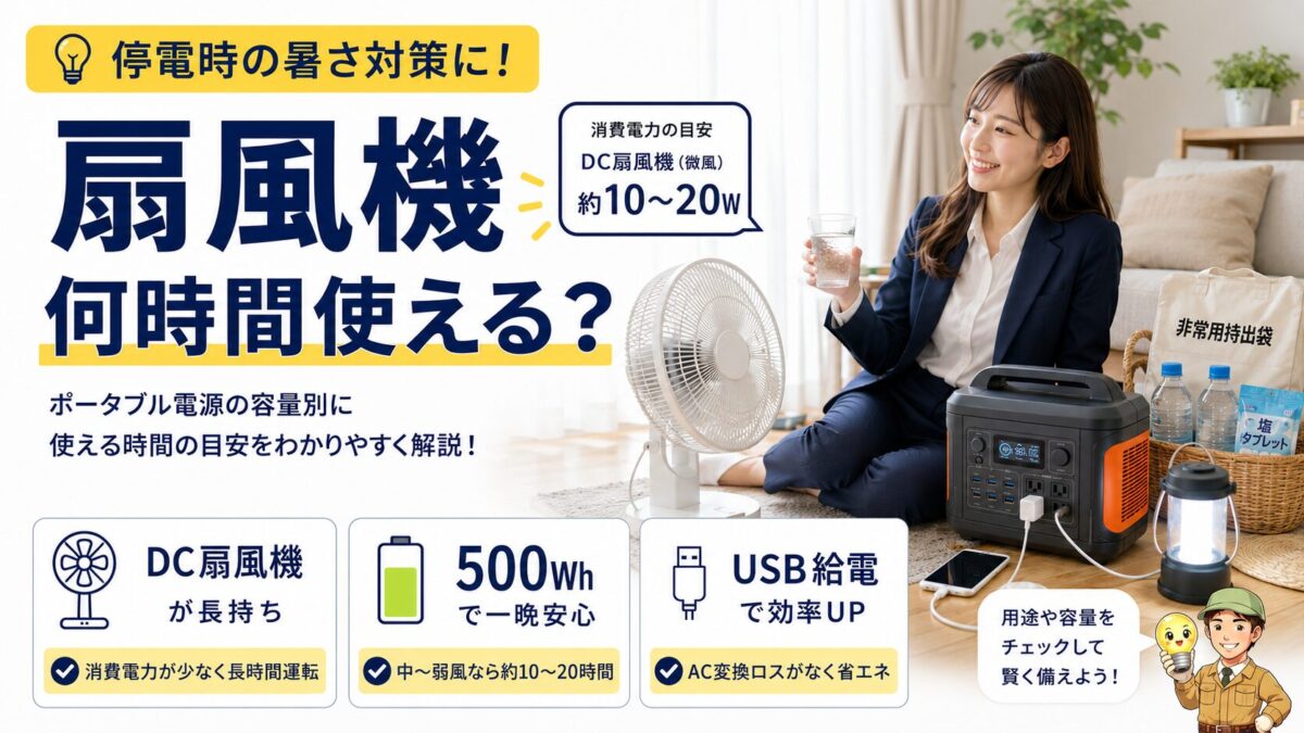 ポータブル電源で扇風機が何時間使えるかを容量別に示すアイキャッチ画像
