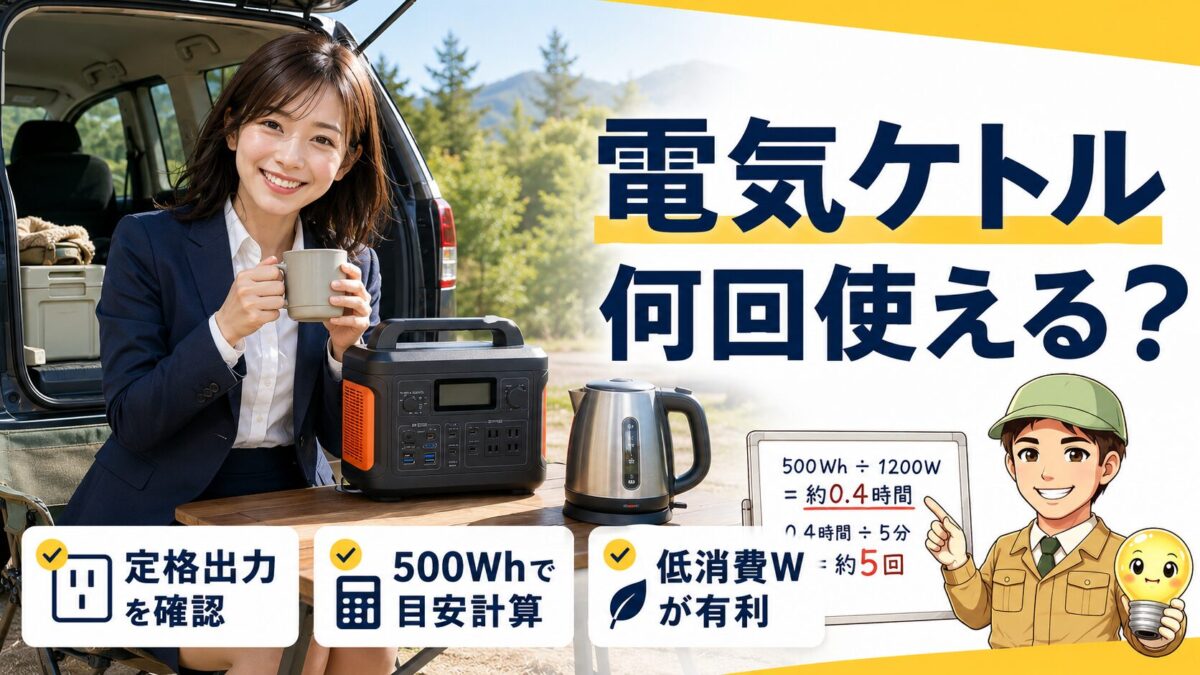 ポータブル電源で電気ケトルを何回使えるかを計算する記事のアイキャッチ画像