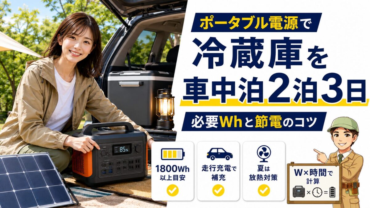 ポータブル電源で冷蔵庫を車中泊2泊3日に必要なWh数と節電のコツを解説するアイキャッチ画像