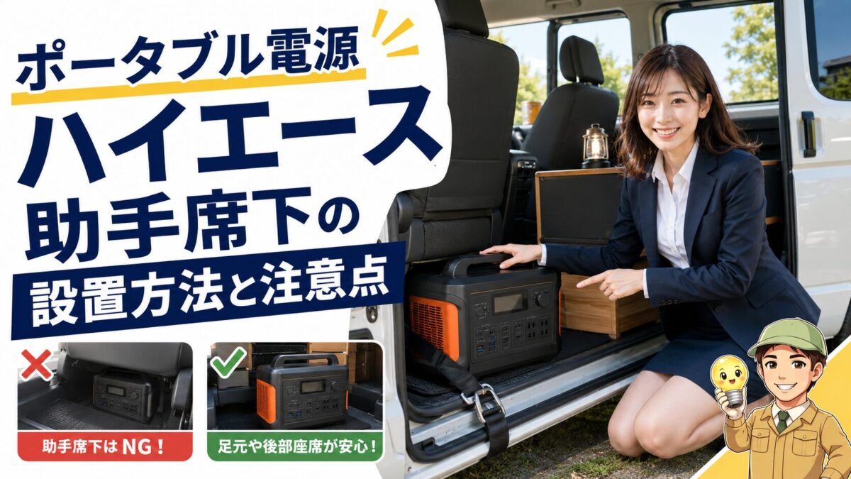 ハイエースの助手席下にはポータブル電源を設置できず、足元や後部座席下に安全に固定する考え方を示す画像