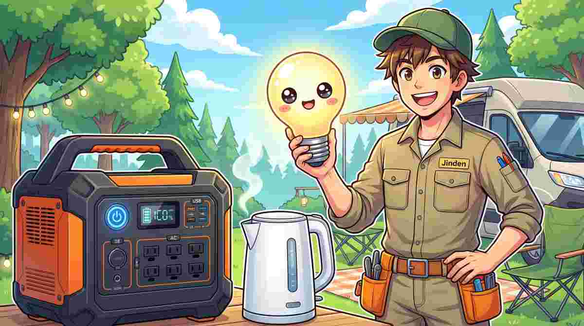 ポータブル電源と電気ケトルを並べてキャンプ場でサムズアップするジンデンのイラスト