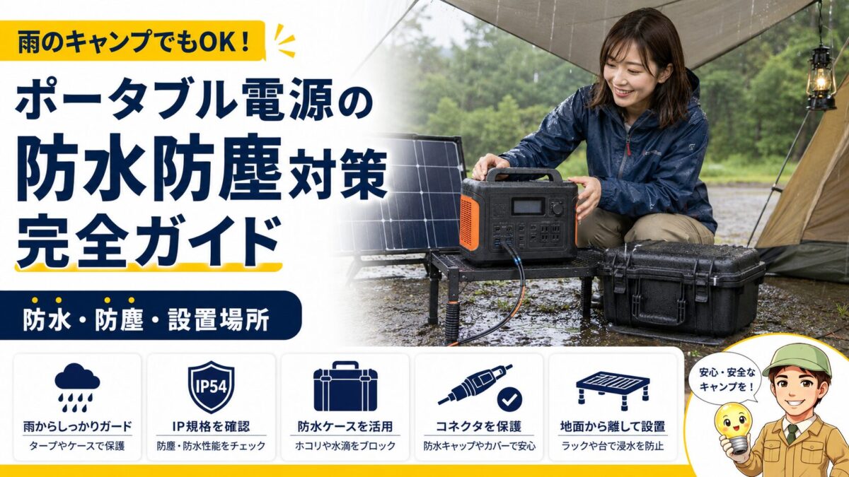 雨のキャンプ場でポータブル電源を雨や水たまりから守るための防水防塵対策を確認する