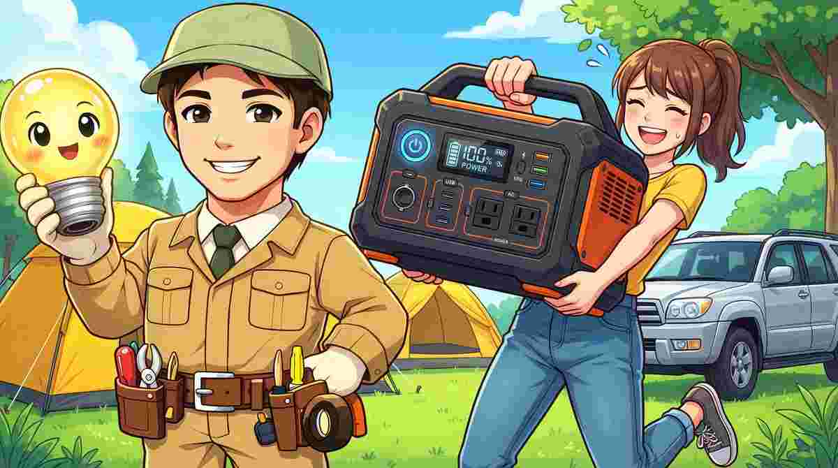 ジンデンと女性がポータブル電源を持ち運ぶアニメイラスト。キャンプ場の背景に車とテントが見える