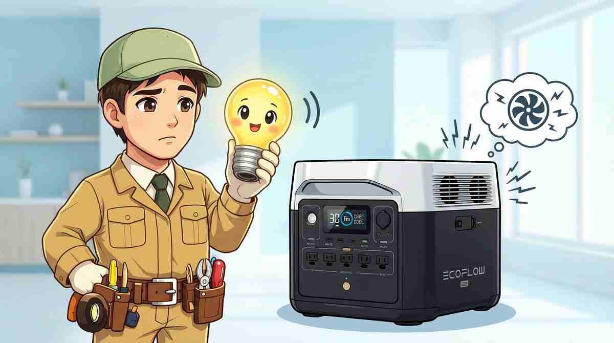 EcoFlow Delta 2のファン騒音を確認するジンデンのイラスト