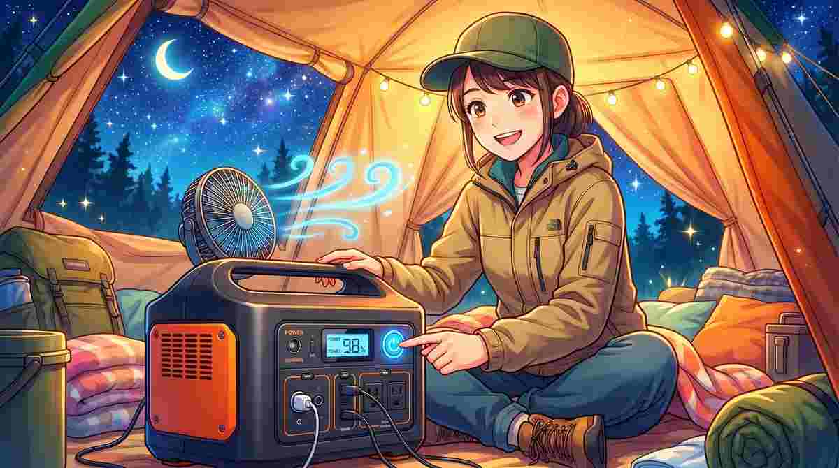 キャンプテントの中でポータブル電源に接続した扇風機を操作する20代女性キャンパーのイラスト