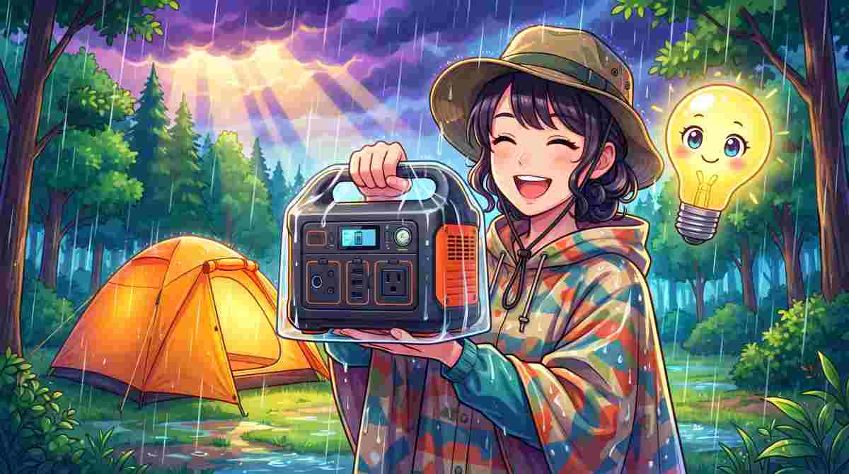 雨のキャンプサイトで防水カバー付きポータブル電源を持つ女性キャンパーのイラスト