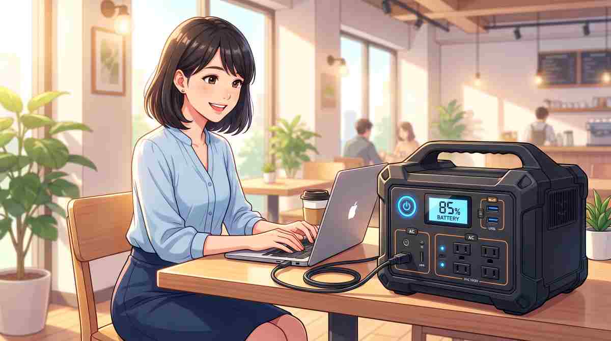ポータブル電源に接続したノートパソコンで作業する女性OLのイラスト