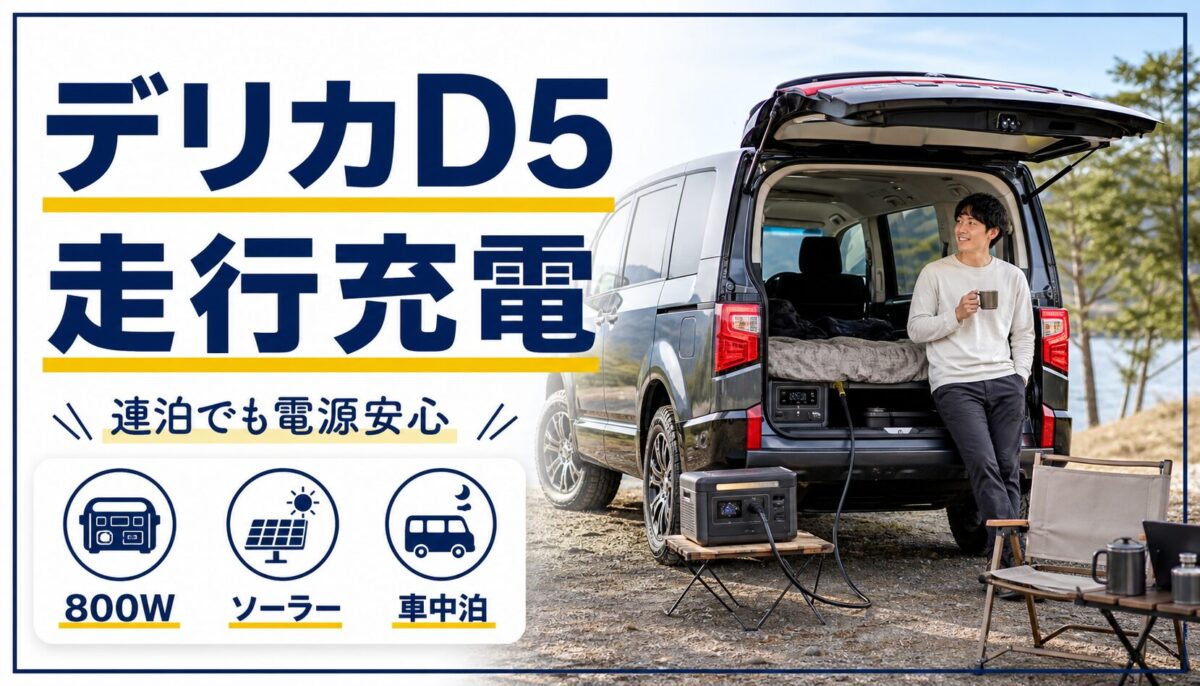 デリカD5でポータブル電源を走行充電する様子を伝える画像