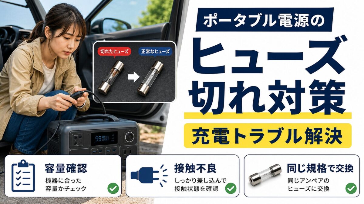 ポータブル電源のヒューズ交換とシガーソケット充電トラブルを説明した画像