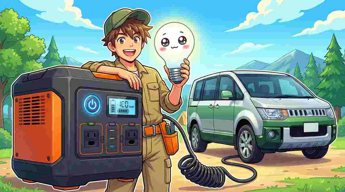 デリカD5の隣でポータブル電源と走行充電ケーブルを手にするジンデンのイラスト