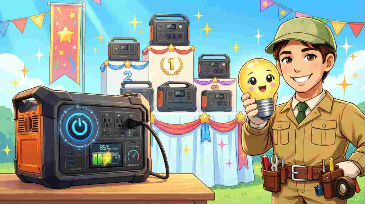 カーキ色の作業服と緑のキャップを着た神田が、光るかわいい電球マスコットを手に持ち、ランキング表彰台に並んだポータブル電源の前で笑顔で立つアニメ風イラスト