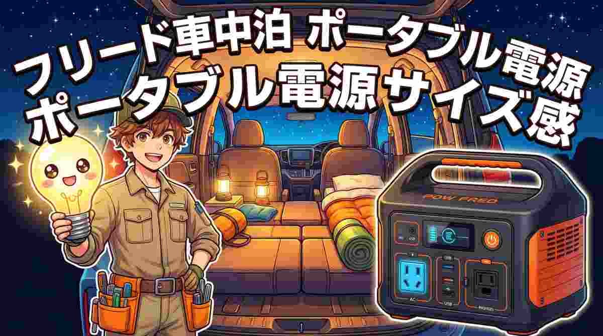 フリードの荷室にポータブル電源を積んでジンデンキャラクターが説明するアニメイラスト