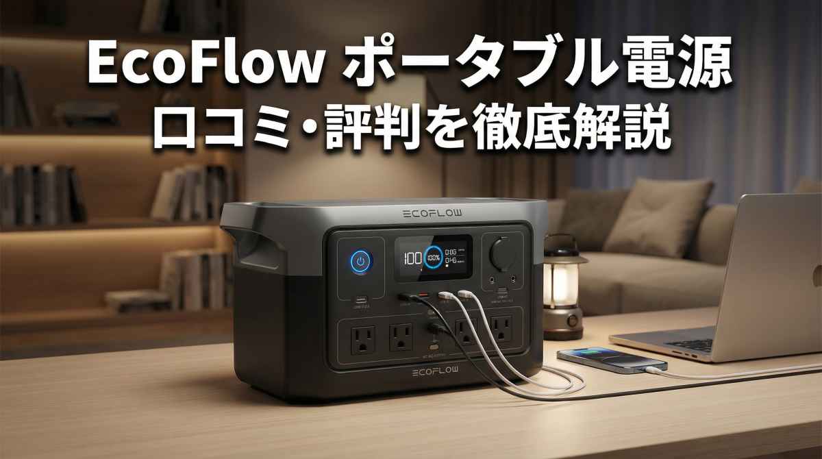 alt="EcoFlowポータブル電源DELTA 3がリビングのテーブルに置かれ、ノートPC・スマートフォン・ランタンを同時充電している製品イメージ"