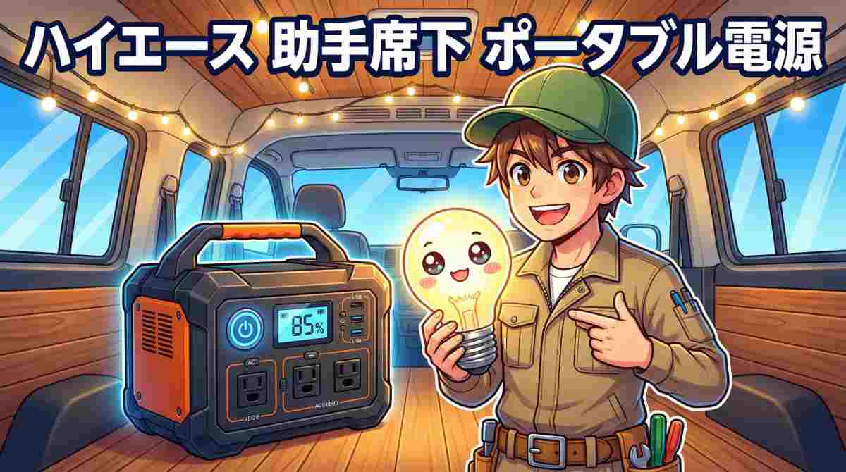 「ハイエース助手席下ポータブル電源」と書かれたタイトル画像。電気工事士風のキャラクター「ジンデン」と電球のキャラクターが、ハイエース車内のポータブル電源の横で笑顔を見せている。