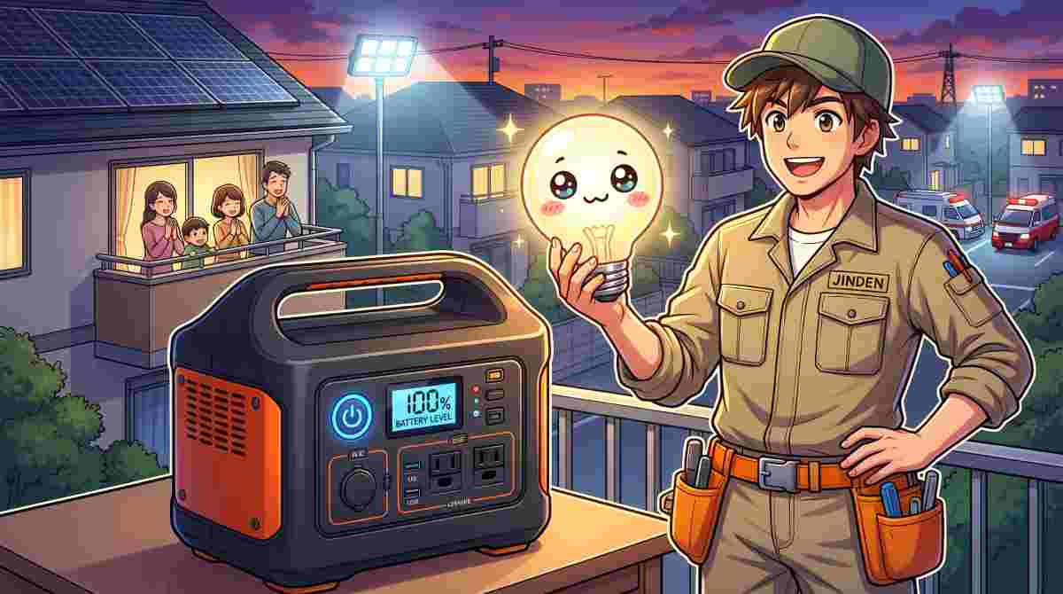 ポータブル電源を持ちながら笑顔で立つジンデンと、夜の住宅街を背景にした防災シーンのイラスト