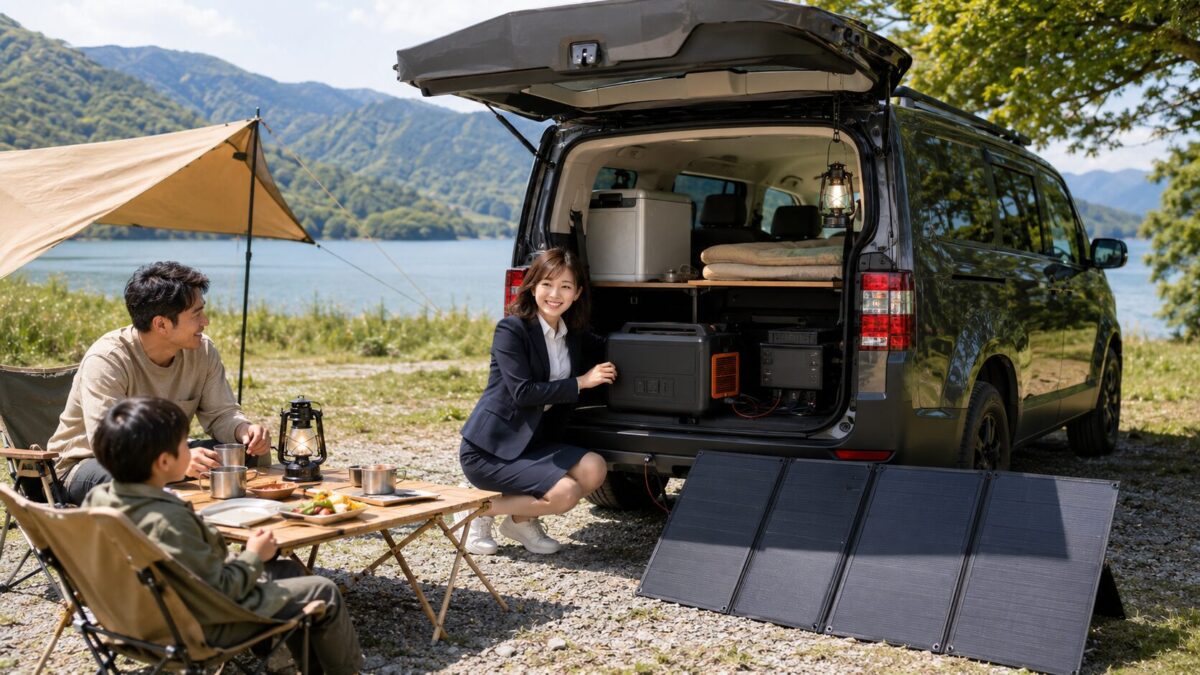 デリカD5の荷室にポータブル電源と走行充電器を設置し、停車中はソーラーパネルを併用する長期車中泊の場面