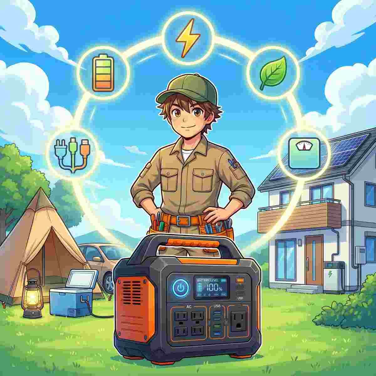 ポータブル電源の選び方5つの基本ポイント（容量・出力・電池素材・充電方法・サイズ）を示すアイコンと、ポータブル電源の前に立つジンデンのイラスト