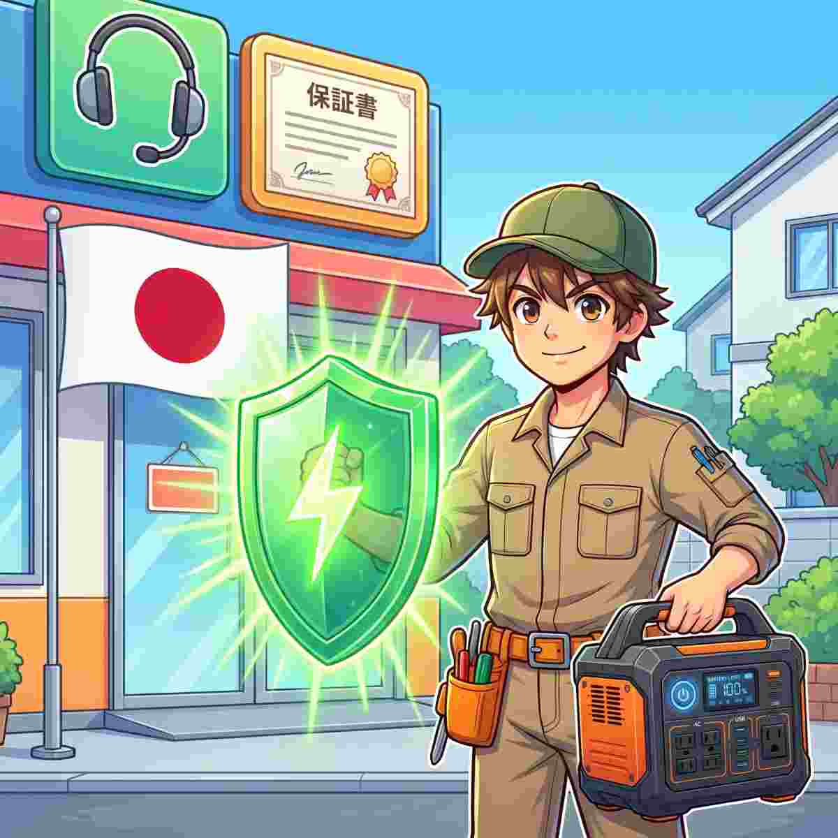 日本語サポート・保証書・日本国旗を背景に、安全シールドとポータブル電源を持つジンデンのイラスト。信頼できるメーカー選びと安全性の重要性を表す