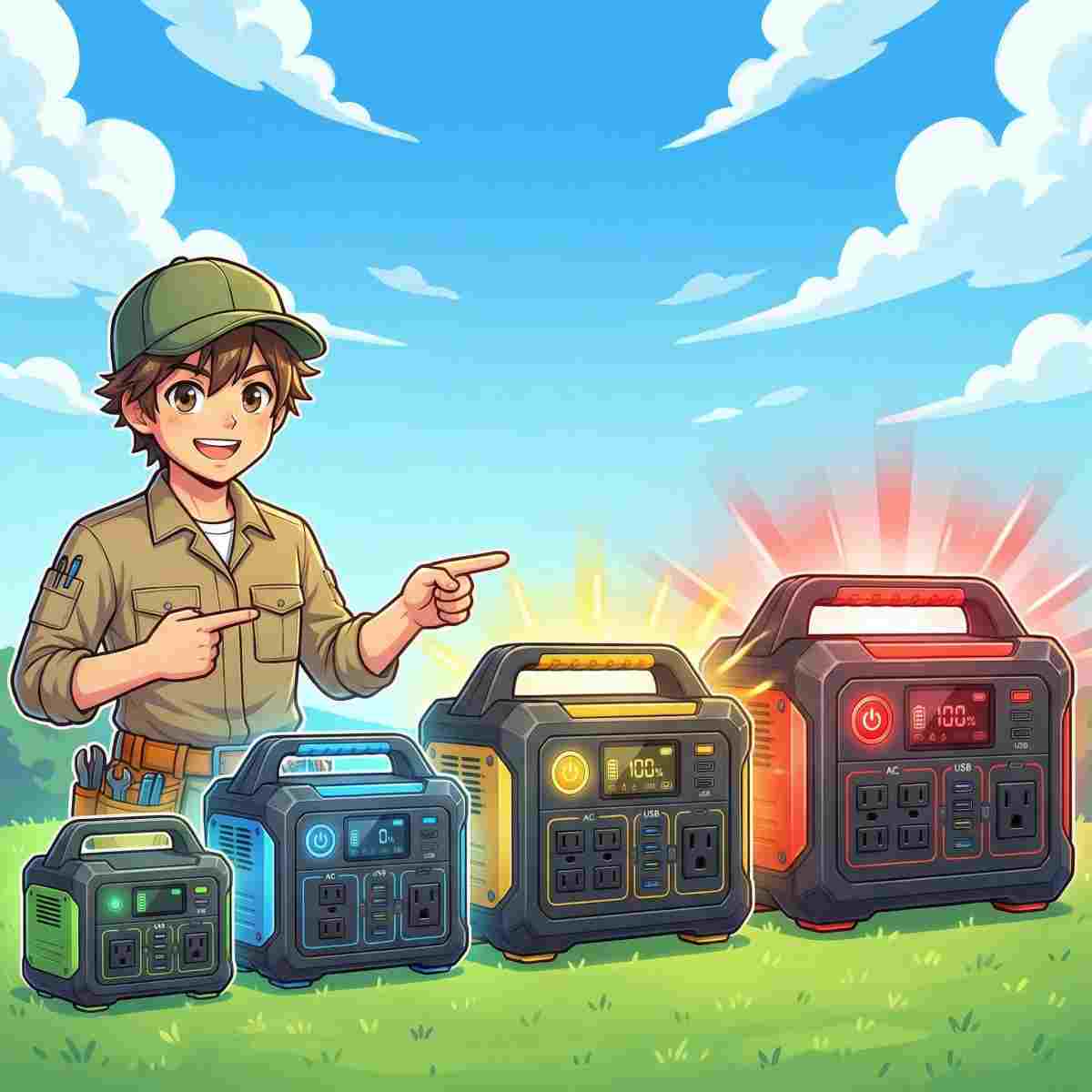 小型から大型まで4サイズのポータブル電源が並び、それぞれ異なる明るさで光っている。用途別の容量の目安を示すジンデンのイラスト