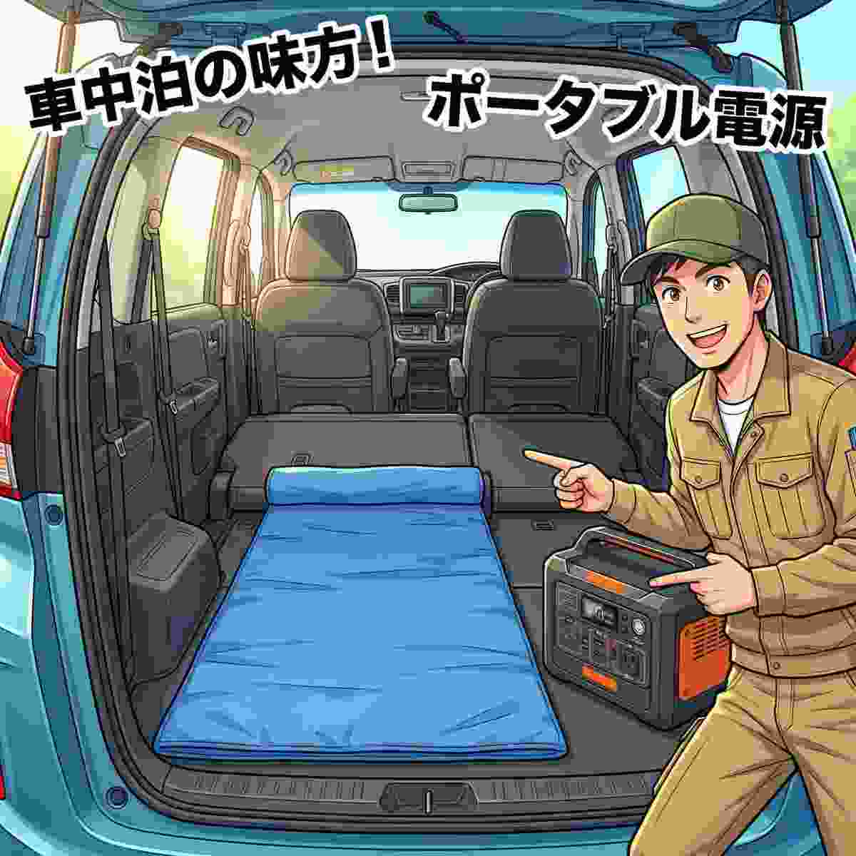 フリードプラスの荷室にスリーピングマットとポータブル電源を配置したレイアウトを説明するジンデンのアニメイラスト  