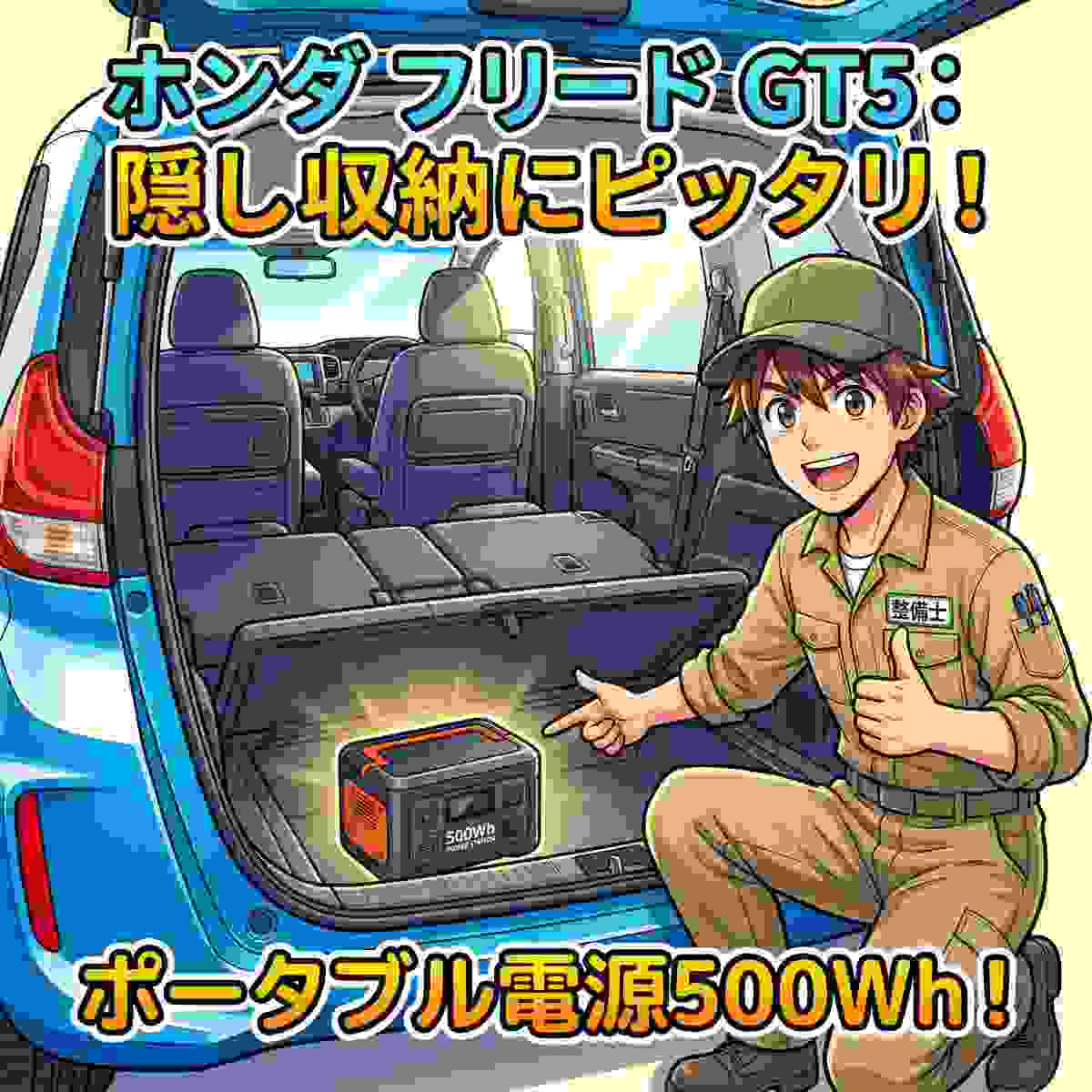 フリードGT5の3列目シート格納スペースに500Whポータブル電源を収納したレイアウトのアニメイラスト  