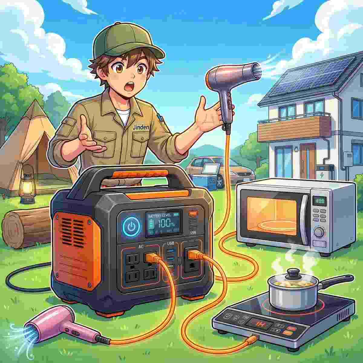ポータブル電源からドライヤー・電子レンジ・IHクッキングヒーターにオレンジ色のケーブルが接続されており、出力（W）の重要性を示すジンデンのイラスト