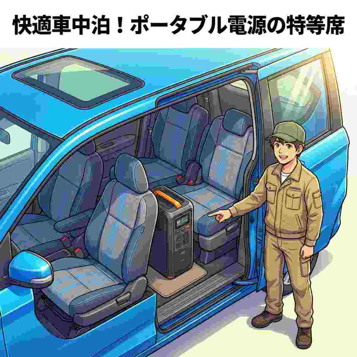  フリード6人乗りの2列目キャプテンシート中央通路にポータブル電源を縦置きしたレイアウトのアニメイラスト         
      |