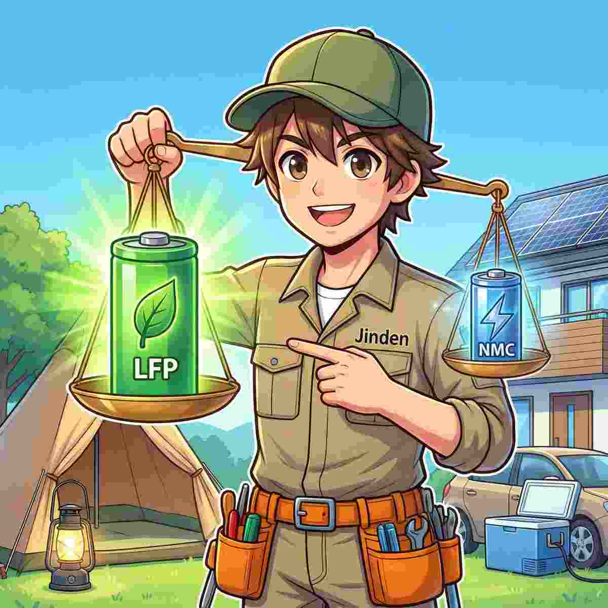 天秤の左皿に緑色のLFPバッテリー、右皿に青色のNMCバッテリーを乗せ、LFP側が重く傾いている。電池素材の比較を示すジンデンのイラスト