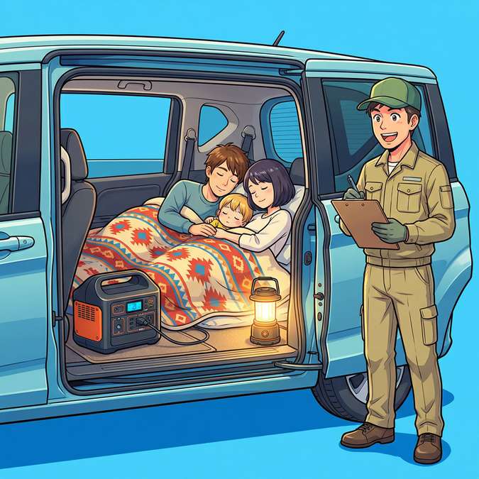 フリードで大人2人・子ども1人が就寝し、前方フロアにポータブル電源と照明を設置したファミリー車中泊のアニメイラスト