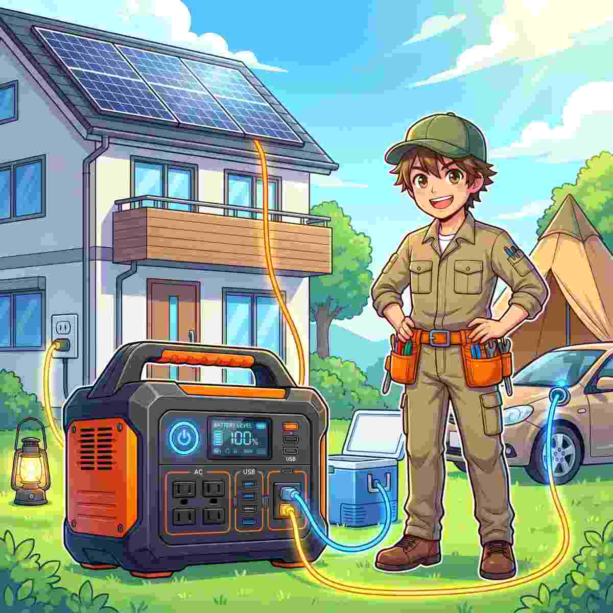 ポータブル電源に壁のコンセント・ソーラーパネル・車のシガーソケットの3系統から充電ケーブルが接続されている。充電方法の種類を示すジンデンのイラスト