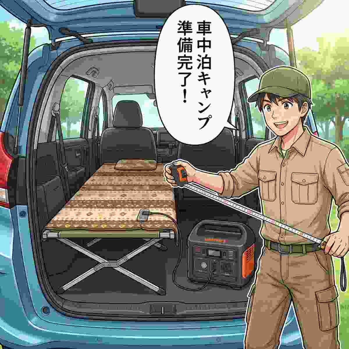 フリードプラスの荷室にコットとポータブル電源を共存させたレイアウトをメジャーで確認するジンデンのアニメイラスト    
       |