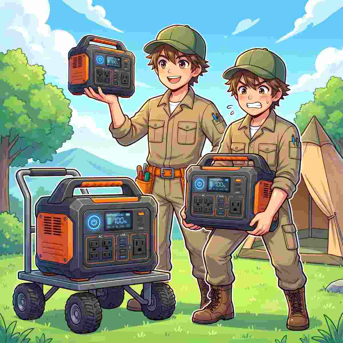 小型を片手で軽々と持ち上げるジンデンと、中型を両手で抱えて苦労するジンデン、そして大型がキャスター付き台車に乗っている。サイズと重さの目安を示すイラスト