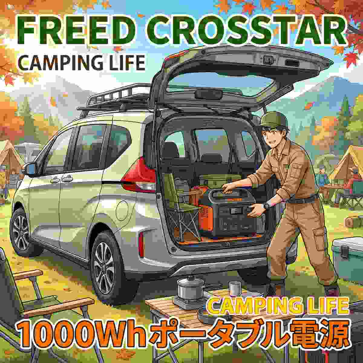 フリードクロスターの荷室にアウトドアギアと1000Whポータブル電源を積み込むジンデンのアニメイラスト  