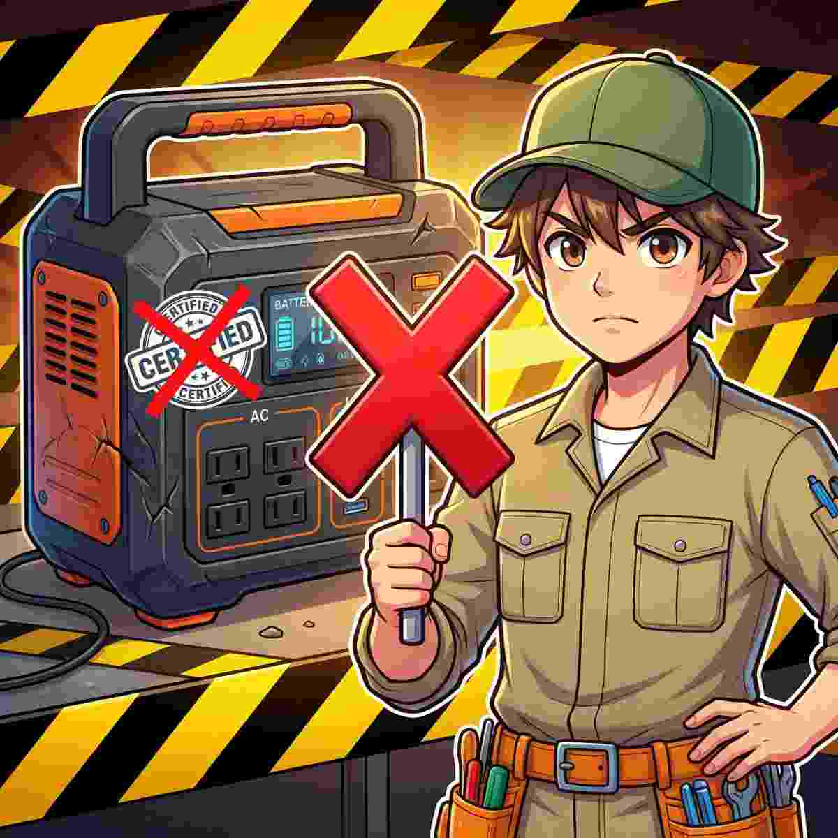 偽の認証シールに赤いバツ印が付いた怪しいポータブル電源を前に、赤いバツ印の警告サインを持つジンデンのイラスト。PSE認証の落とし穴への注意を促す