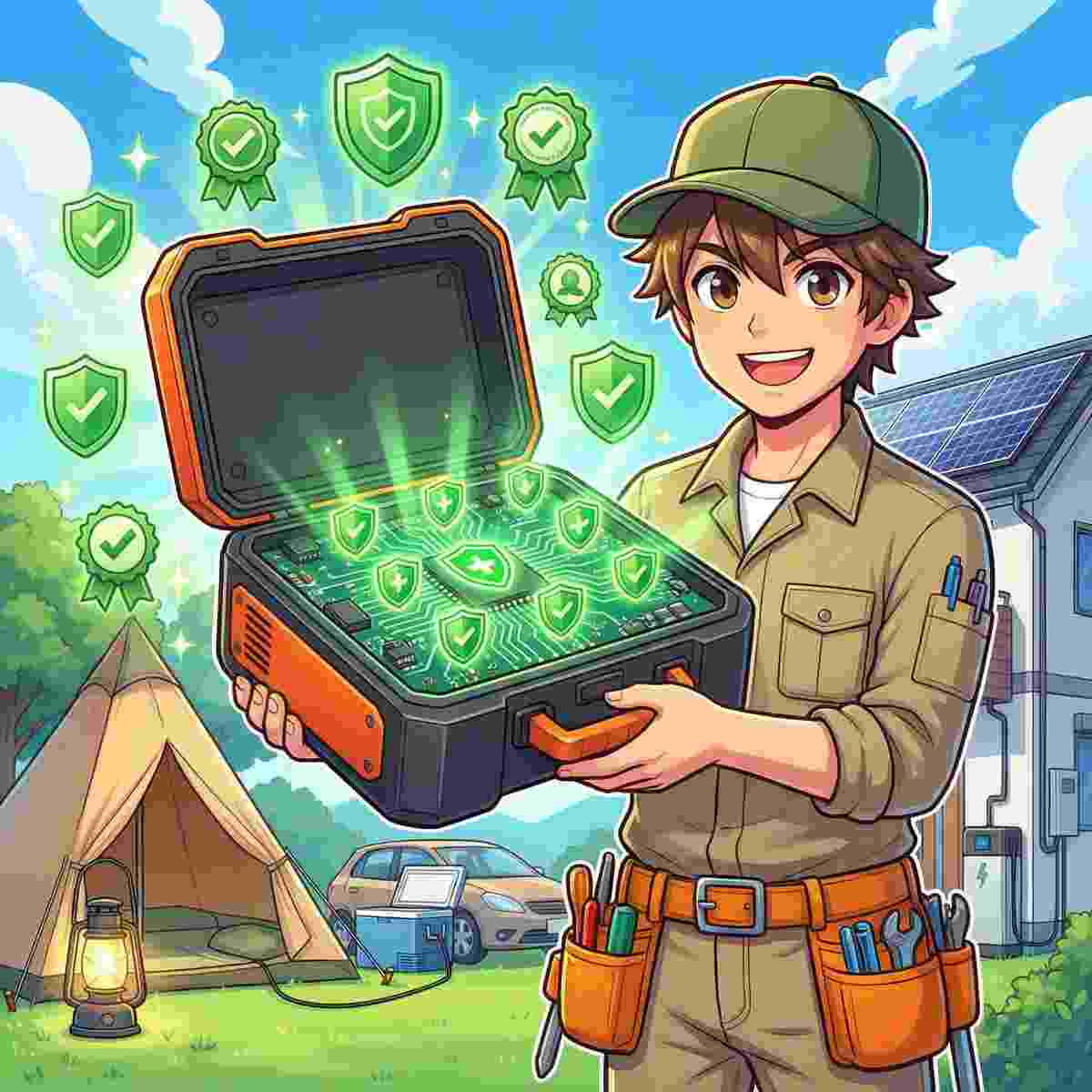 開いたポータブル電源の内部に緑色のBMS回路基板が光り、保護シールドのアイコンが周囲に浮かんでいる。BMS搭載と安全規格の重要性を示すジンデンのイラスト