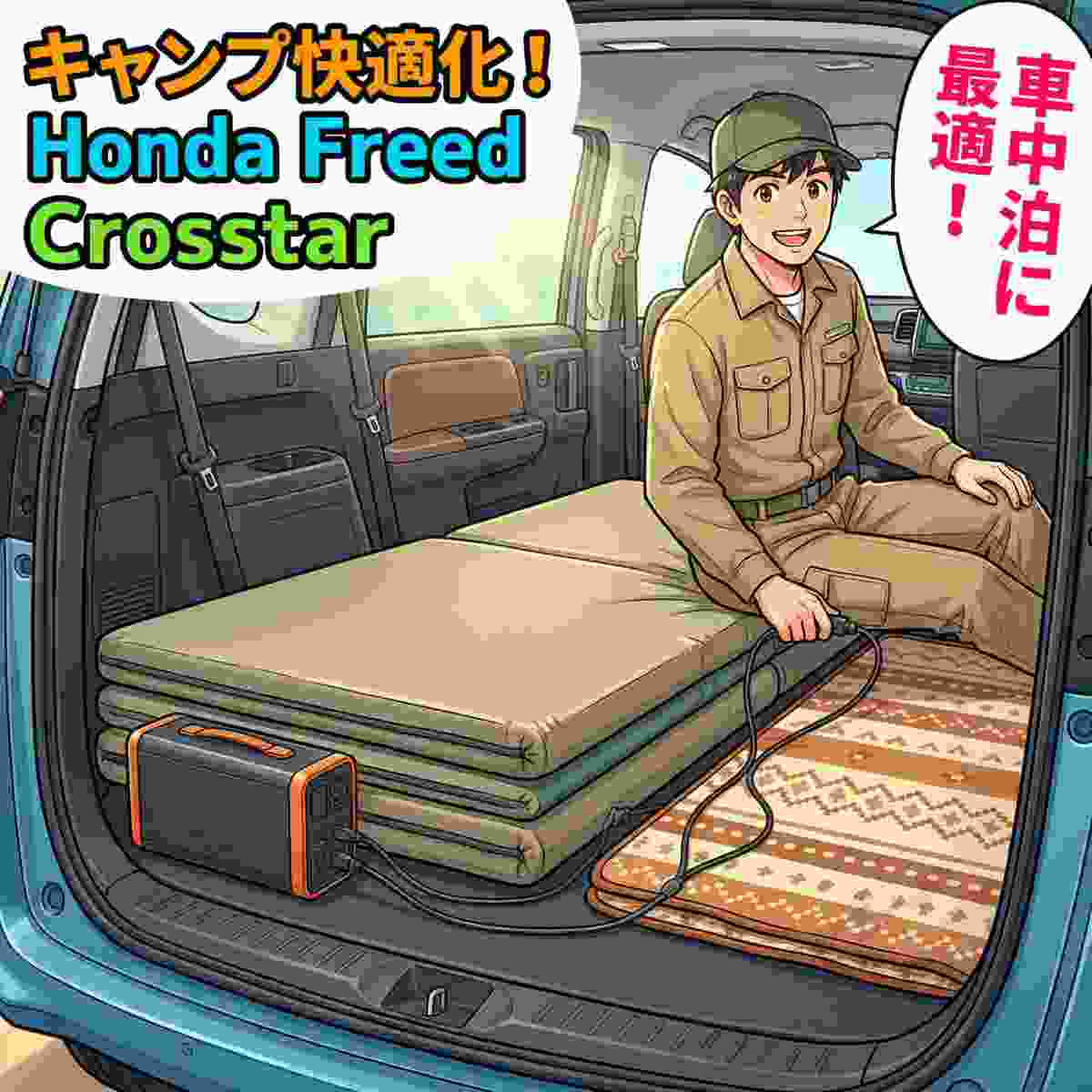 フリードクロスターの荷室にマットを敷き、薄型ポータブル電源をマット横に配置して電気毛布に接続するアニメイラスト     
      |