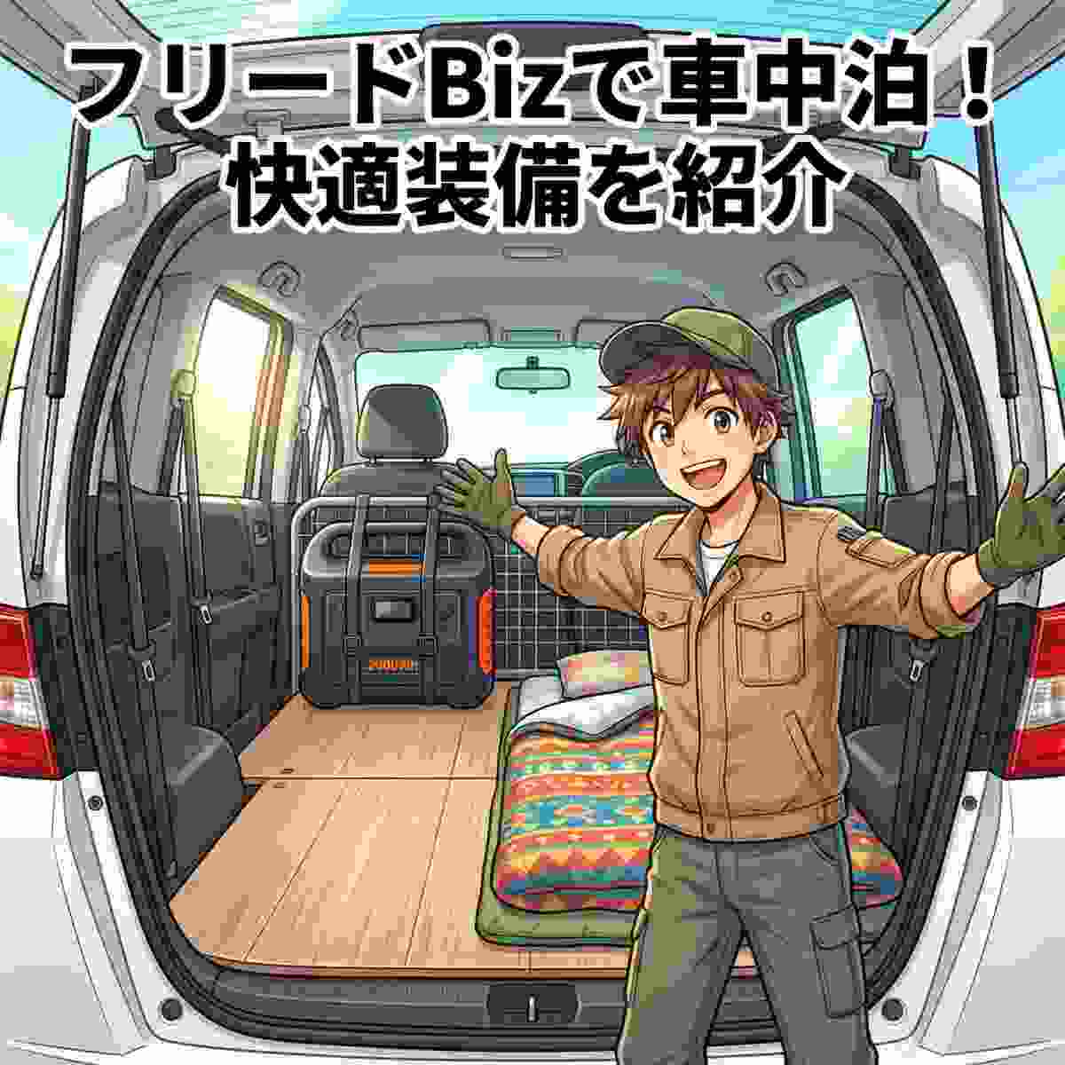 フリードBizの広い荷室前方パーティションに2000Whポータブル電源を固定し、後方を就寝スペースにしたレイアウトのアニメイラスト 
|