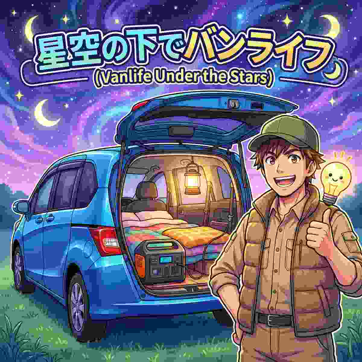 星空の下でフリードの荷室にポータブル電源・電気毛布・ランタンを設置した車中泊セットアップとジンデンのアニメイラスト   