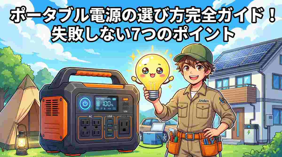 ポータブル電源の選び方完全ガイド！失敗しない7つのポイント｜キャンプ・車中泊・防災用途に対応したポータブル電源とジンデンのイラスト