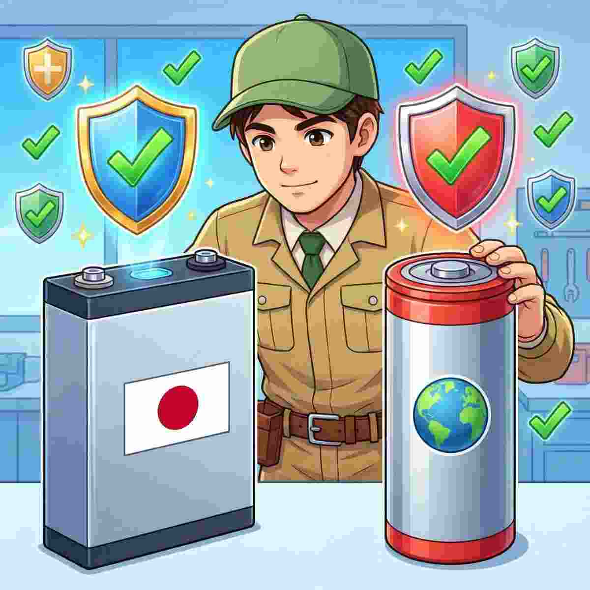 男性が日本国旗マーク付きのリン酸鉄リチウムバッテリーと地球マーク付きのリチウムイオンバッテリーを並べて比較し、安全シールドアイコンが浮かぶアニメ風イラスト