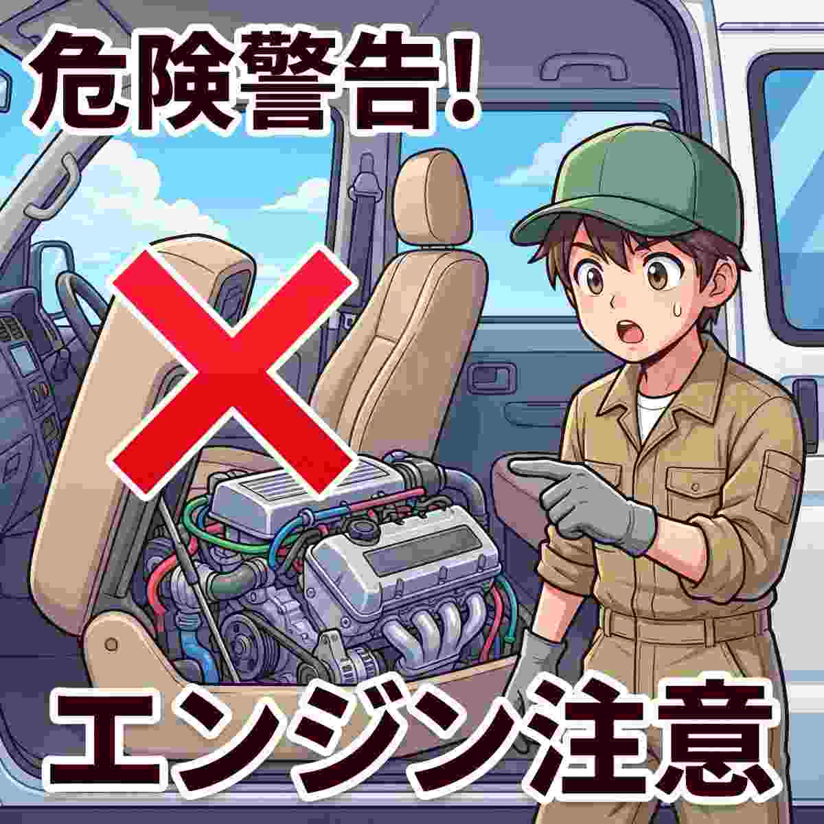 ハイエースの助手席シートを跳ね上げた状態。エンジンルームが露出しており、設置不可を示す赤いバツ印が表示されている。驚くジンデンのイラスト。