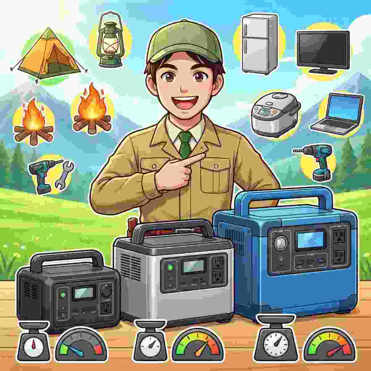 男性が小・中・大の3サイズのポータブル電源を指さし、キャンプや家電などの用途アイコンと重量計が並ぶアニメ風イラスト