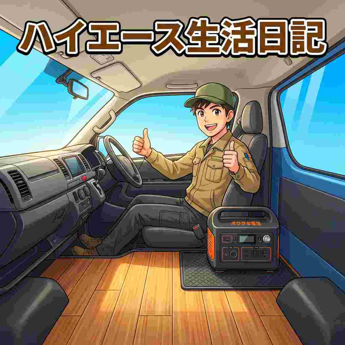 ハイエースの助手席を後ろにスライドさせ、足元スペースにポータブル電源を設置している様子。ジンデンが親指を立てて笑顔を見せている。