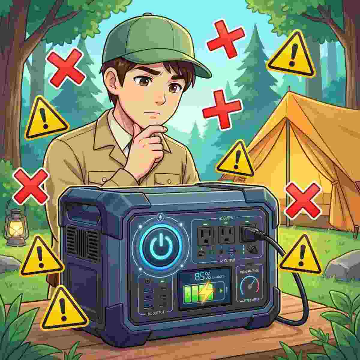 男性が考え込む表情でポータブル電源の前に立ち、赤いバツ印と黄色い警告三角が周囲に浮かぶアニメ風イラスト 