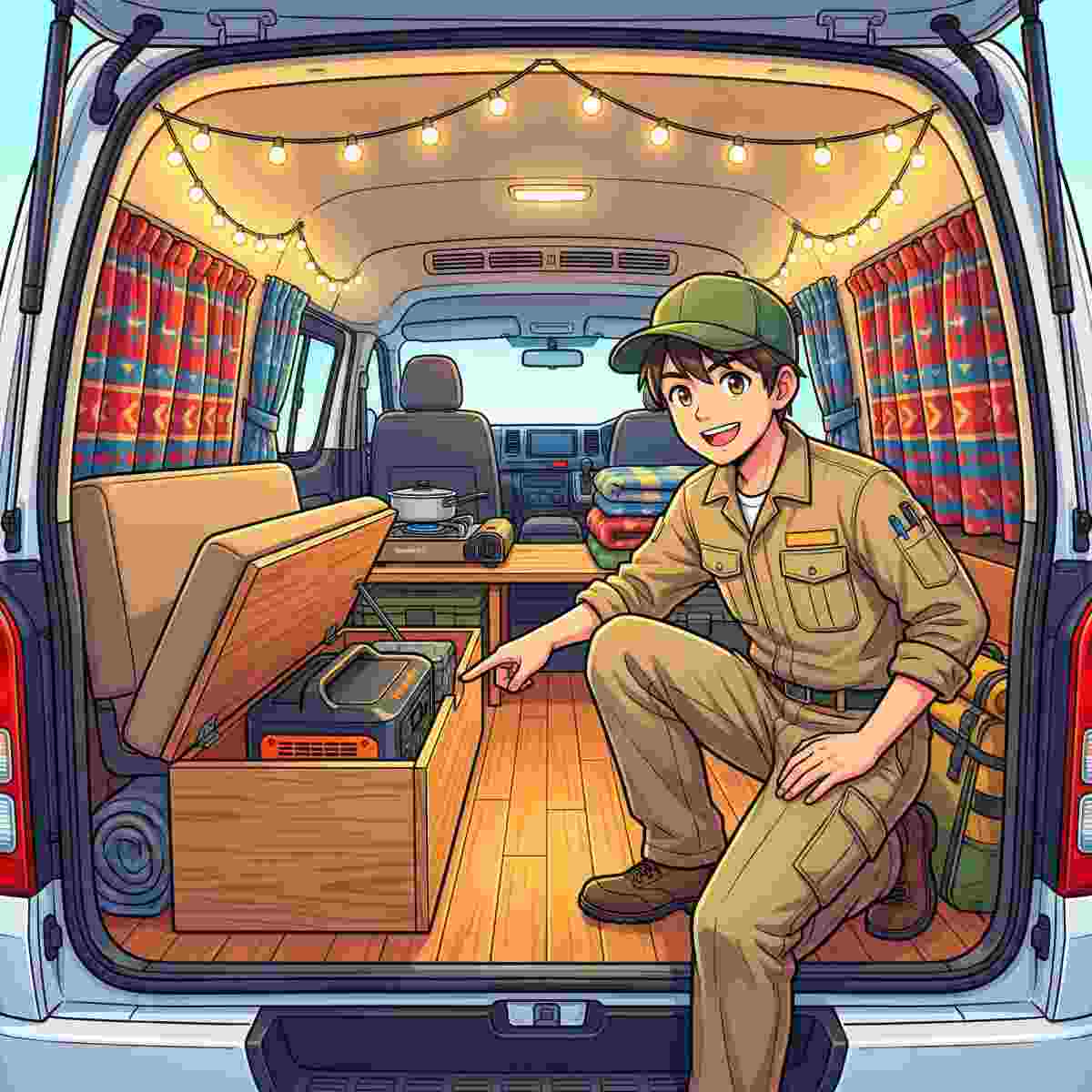 ハイエースの後部座席下の収納スペースにポータブル電源をスッキリと収めている様子。車中泊仕様の車内でジンデンが満足そうに指差している。